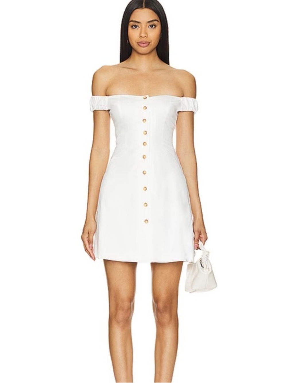 Favorite Daughter Dress Lovesick Off-The-Shoulder Button Mini in White Cotton